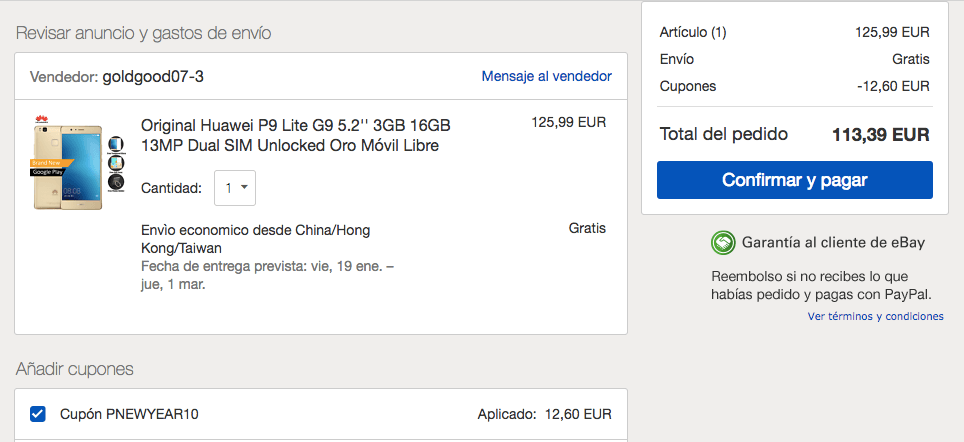 ¡MÍNIMO HISTÓRICO! Huawei P9 Lite por solo 113€ 2 Cupo%CC%81n ebay aplicado a Huawei P9 Lite SuperChollos