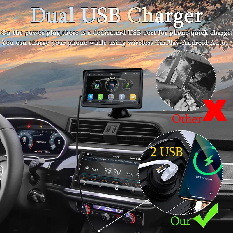 Pantalla De Coche De 9" Con CarPlay/Android Auto Inalámbrico - Soporta Cámara 4K Frontal Y Trasera, Bluetooth, USB, SD Y FM